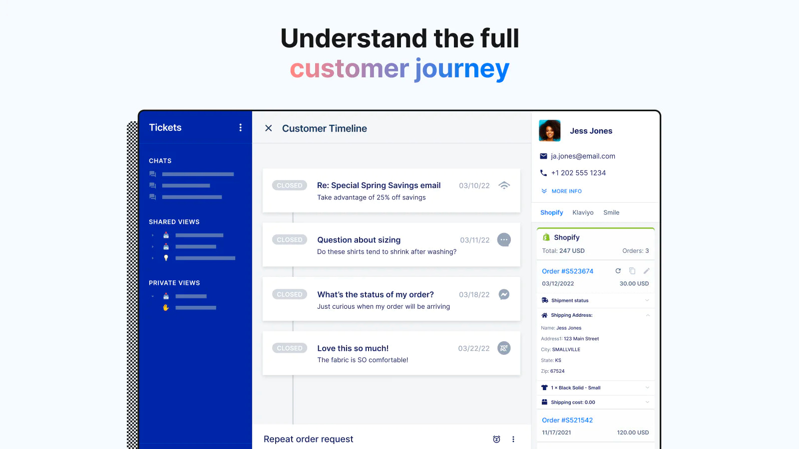 Esempio di timeline cliente mostrata dal software di helpdesk Gorgias.